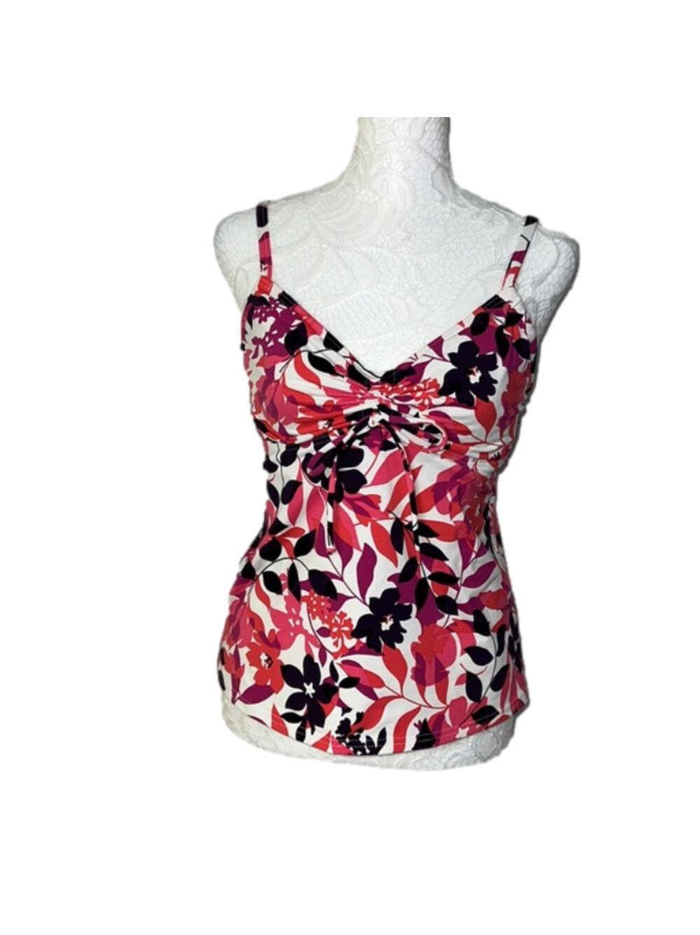 Lands’ End Floral Red Pink Purple Black White Underwire Tankini Swim Top -Size 8